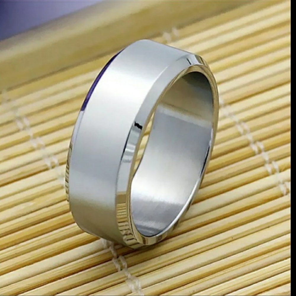 Silver Stainless Steel Bevel Edge 8mm Band Brushed Matte Lightweight Comfy Ring